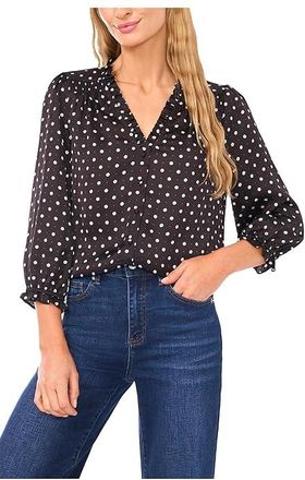 CeCe by Cynthia Steffe V-neck 3/4 Sleeve Button Front Top Womens Clothing Rich Black : MD, Polyester