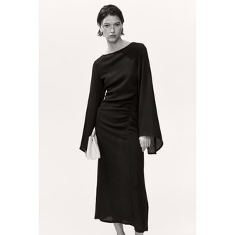 H&M Trumpet-sleeved Jersey Dress in Dark Brown at Nordstrom, Size Xx-Small