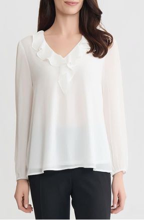 Kasper Ruffle Neck Top in Vanilla Ice at Nordstrom, Size X-Large