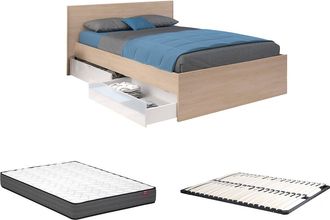 Vente-Unique Cama con 4 cajones 160 x 200 cm - Blanco brillante y natural + Somier + Colch&oacute;n - VELONA