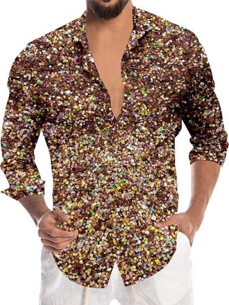 Generic Mens Sequin Shirt Long Sleeve Glitter SparkIe Shirt for Carnival Festival Party Nightclub Fancy Dress Shiny Disco Costume Tops Button Down for Men Sta