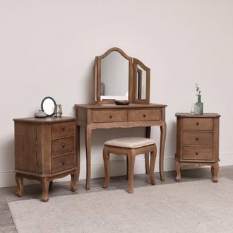 Melody Maison Dark Wood Dressing Table Desk With Triple Mirror, Stool & Pair Of Bedside Tables - Ashwell Range in Dark Brown