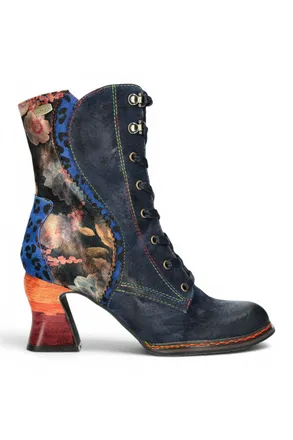 Laura Vita Womens Goth Victorian Floral Blue Leather Lace-Up Heeled Boots - Eleao-42