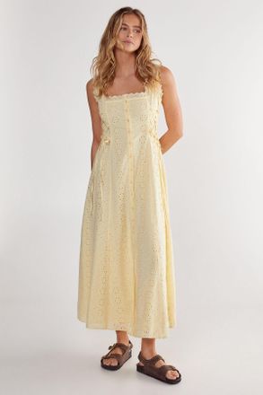 NASTY GAL Womens Soft Corset Broderie Lace Up Side Midi Dress - Yellow Cotton - Size 6 UK