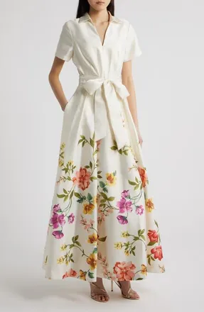 Tahari by ASL Print Tie Waist Gown in Creme Blush at Nordstrom, Size 12