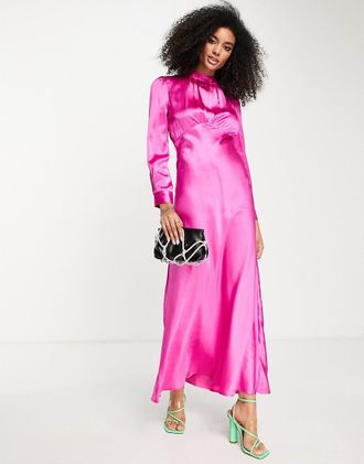 Asos Hochgeschlossenes Maxi-Freizeitkleid aus Satin in Pink-Rosa