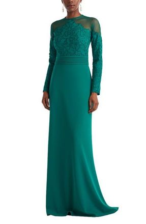 Tadashi Shoji Embroidered Illusion Lace Long Sleeve Sheath Gown in Emerald at Nordstrom, Size 14