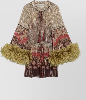 Valentino silk paisley print feather trim blouse
