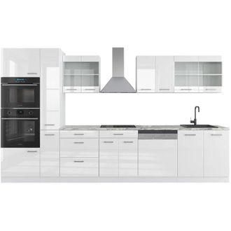 Vicco Mueble de cocina R-Line, Blanco alto brillo/blanco, 350 cm con armario alto, et Mármol