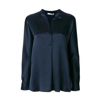Vince Overhemden, Dames, Blauw, L, Satijn, Zijden Satijnen Blouse met Bandkraag