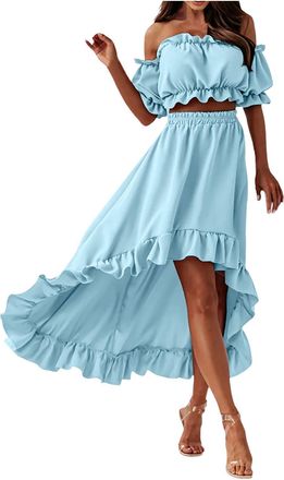 Generic Womens Solid Color Line Neck Sexy Waist Top with Puffy Sleeves and Long Skirt Control Bathing Suit Outfit Elegant Summer Beachwear Two Piece Set for W