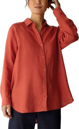 Eileen Fisher Classic Collar Organic Linen Long Button-Up Shirt in Blood Orange at Nordstrom, Size Xx-Small