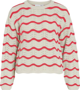 Vila Strickpullover VILA VIWAVE O-NECK LS POINTELLE KNIT TOP-NOOS, Damen, Gr. XXL, birch stripes:hibiscus, Strick, Obermaterial: 100% Baumwolle, gestreift,