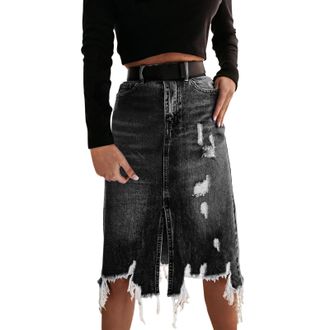 Generic Denim Skirt Womens Midi Jeans Skirt Knee-Length Midi Skirt Blue with Slit High Waist Casual Skirts with Pockets Ripped Wrap Skirt for Women Skirt Deni