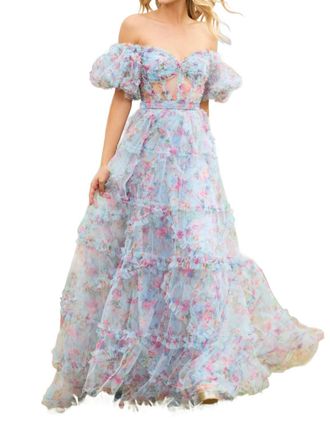 Sherri Hill Tulle Floral Print Gown In Light Blue Print