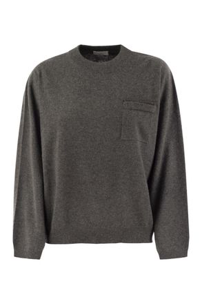 Brunello Cucinelli Brunello Cucinelli Womens Cashmere Sweater With Breast Pocket And Necklace - Grey - Size X-Small