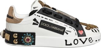 Dolce & Gabbana Womens White Gold Studded Portofino Sneakers Shoes Calf Leather