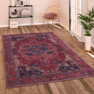 Paco Home Paco Home - Alfombra Salon De Habitacion Tejido Plano Vintage Oriental Ribete Se Puede Lavar &Oslash; 200 Cm Redon, Rojo 3