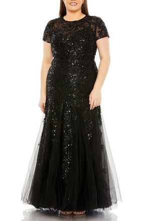 Mac Duggal Hand Embellished Mesh Overlay Short Sleeve Applique Gown in Black at Nordstrom, Size 20W