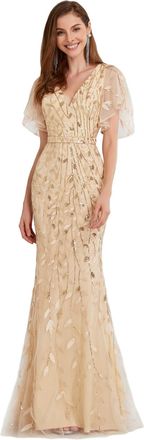 Ever-pretty Womens Elegant Mermaid Ruffle Sleeve V Neck Shiny Maxi Wedding Guest Dresses Gold 12UK