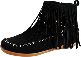 Generic Womens Spring Autumn Winter Flat Tassel Short Barrel Round Toe Suede Ankle Boots Womens Booties and Boots Open Toe (Black, 4.5)