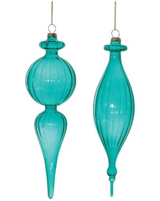 Melrose International Set Of 6 Blue Ribbed Glass Finial Drop Ornament