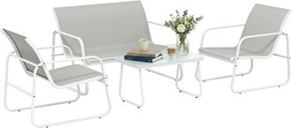 OUTSUNNY Conjunto Jard&iacute;n Exterior De 4 Piezas, Con Sof&aacute; De 2 Plazas, 2 Sillones, Mesa De Vidrio Templado, Tela Textilene, Estructura De Acero, Gris