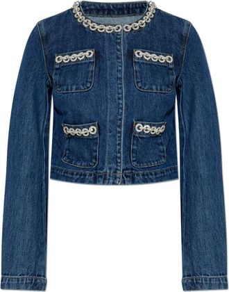 Self Portrait Denimjas met Kristallen Versiering - Dames - Spijkerjassen - Blauw - XS - Denim - Jassen