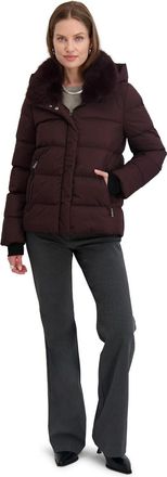 Elie Tahari Womens Short Quilted Puffer Jacket with Faux Fur Collar & Detachable Hood