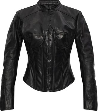 Balenciaga Jassen, Dames, Zwart, S, Leer, Leren Jas met Opstaande Kraag