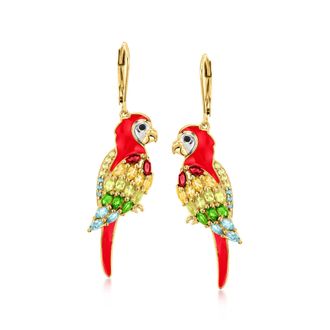 Ross-Simons Multi-Gemstone Parrot Drop Earrings With Red Enamel in 18kt Gold Over Sterling