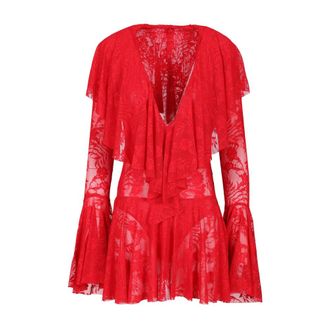 Norma Kamali Long Sleeve Deep V Ruffle Mini Dress - female - Norma Kamali - Short Dresses - Red - XS - Dresses