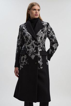 Karen Millen Womens Wool Floral Embroidered Double Breasted Coat - Monochrome Multi - Size 12 UK