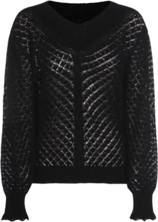 Twinset Open Gebreide Ronde Hals met Geplooide Manchetten - Dames - V-hals truien - Zwart - S - Wol - Truien & Vesten