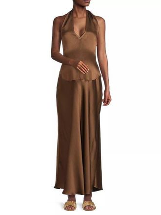 Emilia George Giselle Satin Halter Dress in Chocolate at Nordstrom, Size X-Small
