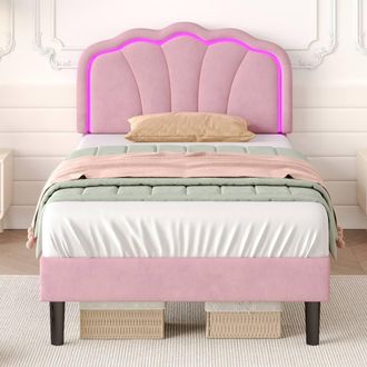 Merax Velvet Shell Shaped 3ft Single Bed with LED & Adjustable Headboard in Pink