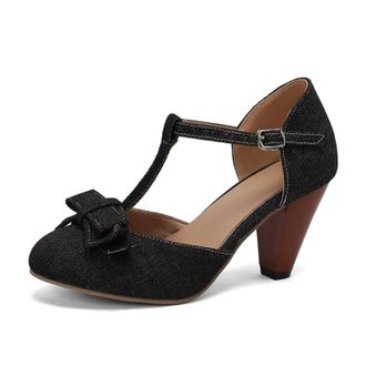 Generic Women Denim T Strap Pumps Round Toe Pointed Heel Bow Decor Adjustable Buckle Ankle Strap Cutout Non Slip Durable Comfortable Dress Party Shoes,Black,7