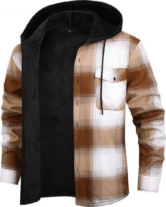 Generic Winter Jackets for Men Warm Fleece Sherpa Lined Flannel Plaid Coats Plus Size Casual Thicken Thermal Button Down Outdoor Hiking Work Hooded Jacket wit