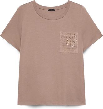 Fiorella Rubino Katoenen T-shirt met gehaakte zak en pailletten - Dames - T-shirts - Bruin - XS - Katoen - Tops
