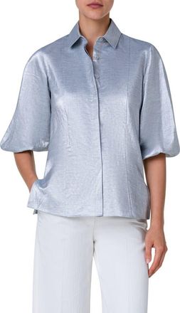 Akris Metallic Puff Sleeve Button-Up Shirt in Silver Blue at Nordstrom, Size 6