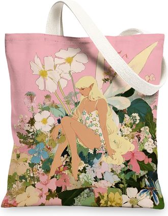 Generic Floral Canvas Tote Bag, Vintage Reusable Shopping Bags, Lightweight Peach Beach Shoulder Strap Bags 13x15 Inch