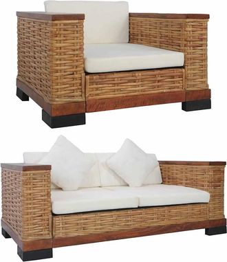 vidaXL Vidaxl - Juego De Sof&aacute;s Con Cojines 2 Piezas Rat&aacute;n Natural Marr&oacute;n
