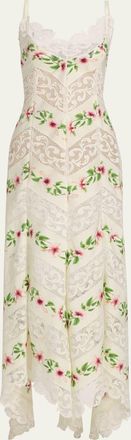 Oscar De La Renta Sleeveless Chine Hibiscus Floral Chevron Maxi Dress