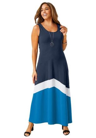 Jessica London Stretch Knit Tank Maxi Dress in Navy White Pool Blue at Nordstrom, Size 14