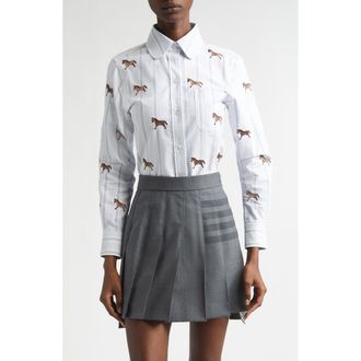 Thom Browne Lunar New Year Horse Embroidered Oxford Button-Up Shirt in Medium Blue at Nordstrom, Size 10 Us