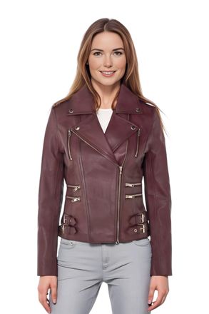 Infinity Leather Womens Burgundy Brando Biker Jacket-Constantia Lamb Leather - Size 16 UK