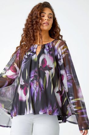 Roman Floral Print Mesh Stretch Top