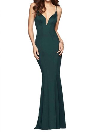 Faviana Lux Jersey Gown With Side Cutout In Dark Green