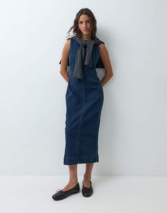 Lee vestito midi in denim con cuciture lavaggio scuro-blu navy