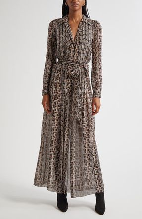 L'agence Klaudia Print Tie Waist Long Sleeve Silk Maxi Shirtdress in Black Multi L Geo Print at Nordstrom, Size X-Large